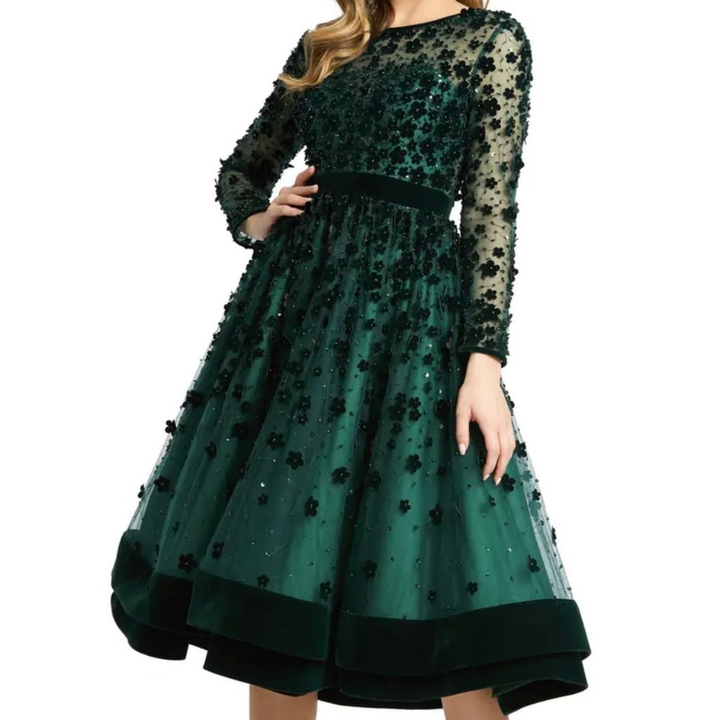 Mac Duggal Emerald Green Fit & Flare Velvet Embellished Cocktail Dress